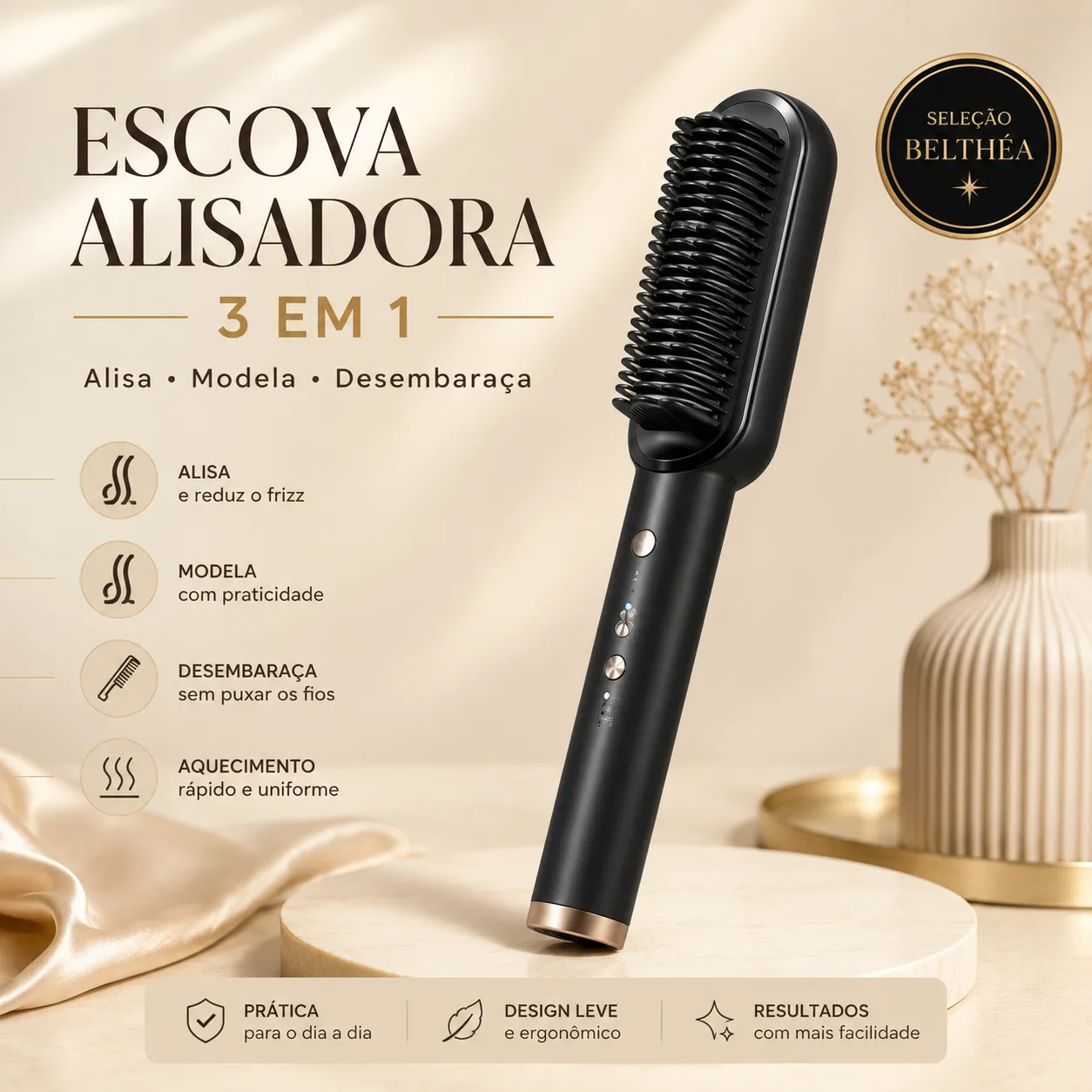 Escova Alisadora 3 em 1 – Alisa, Modela e Desembaraça